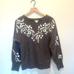 SUNDANCE Embroidered Floral Gray Sweater Wool Delicate Cottagecore Wintery Small
